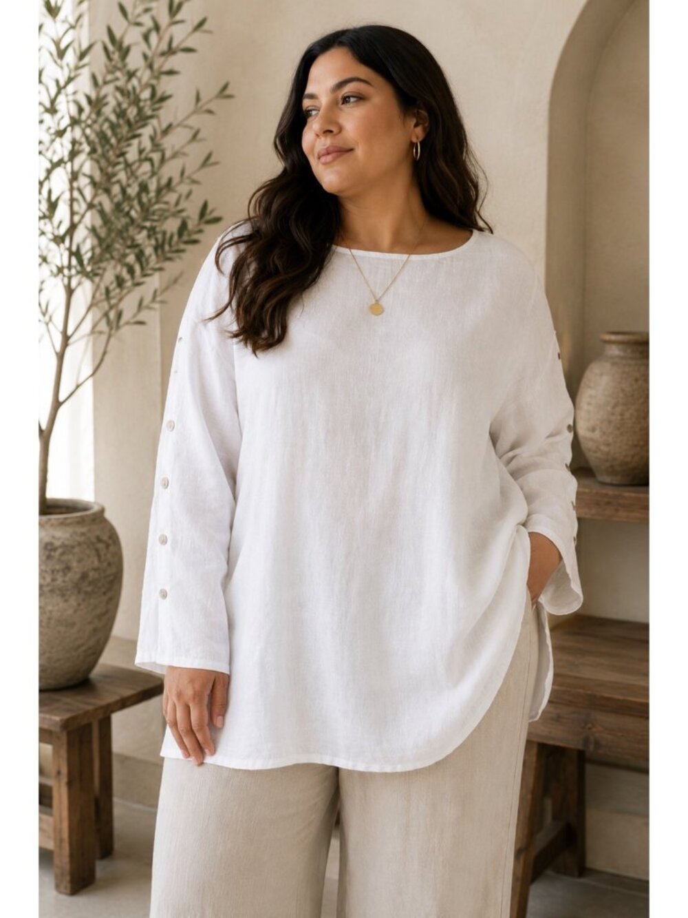 Terzo Millennio Italian Linen White Tunic Top Button Sleeve Relaxed 1X Made Ital
